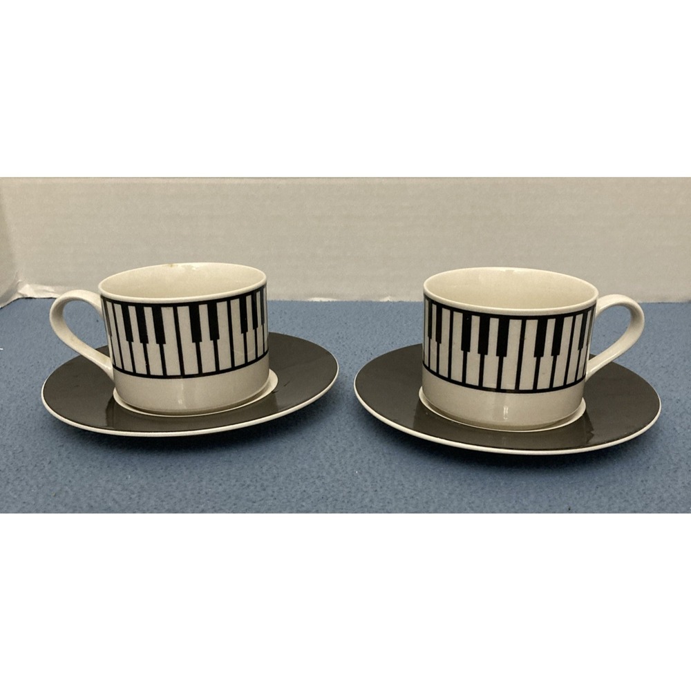 Albert Elovitz Stoneware Piano Keys Mug and Saucer Set - Lot of 2‎